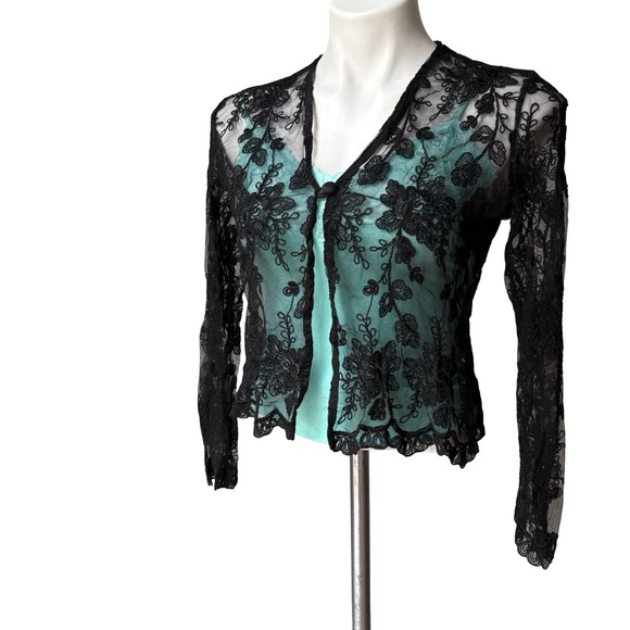 Lisbeth Black Mesh Single Button Floral Embellished Sheer Cardigan - Picture 6 of 14